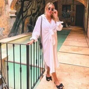 H&M Flowy White Crinkle Long-Sleeve Tie-Waist Shirt Dress